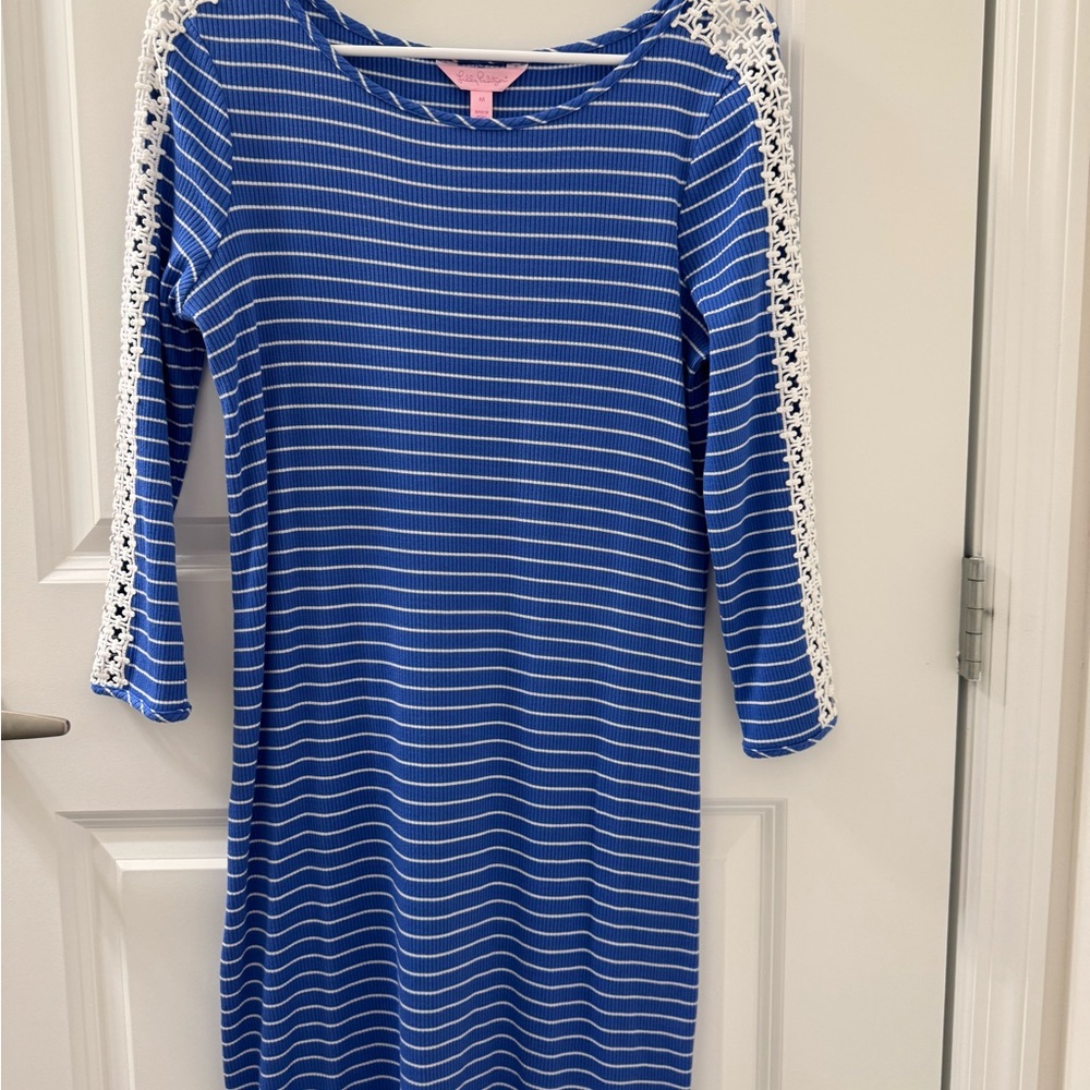 Lilly Pulitzer Marlowe Beckon Blue White Striped Stretch Long Sleeve Dress New